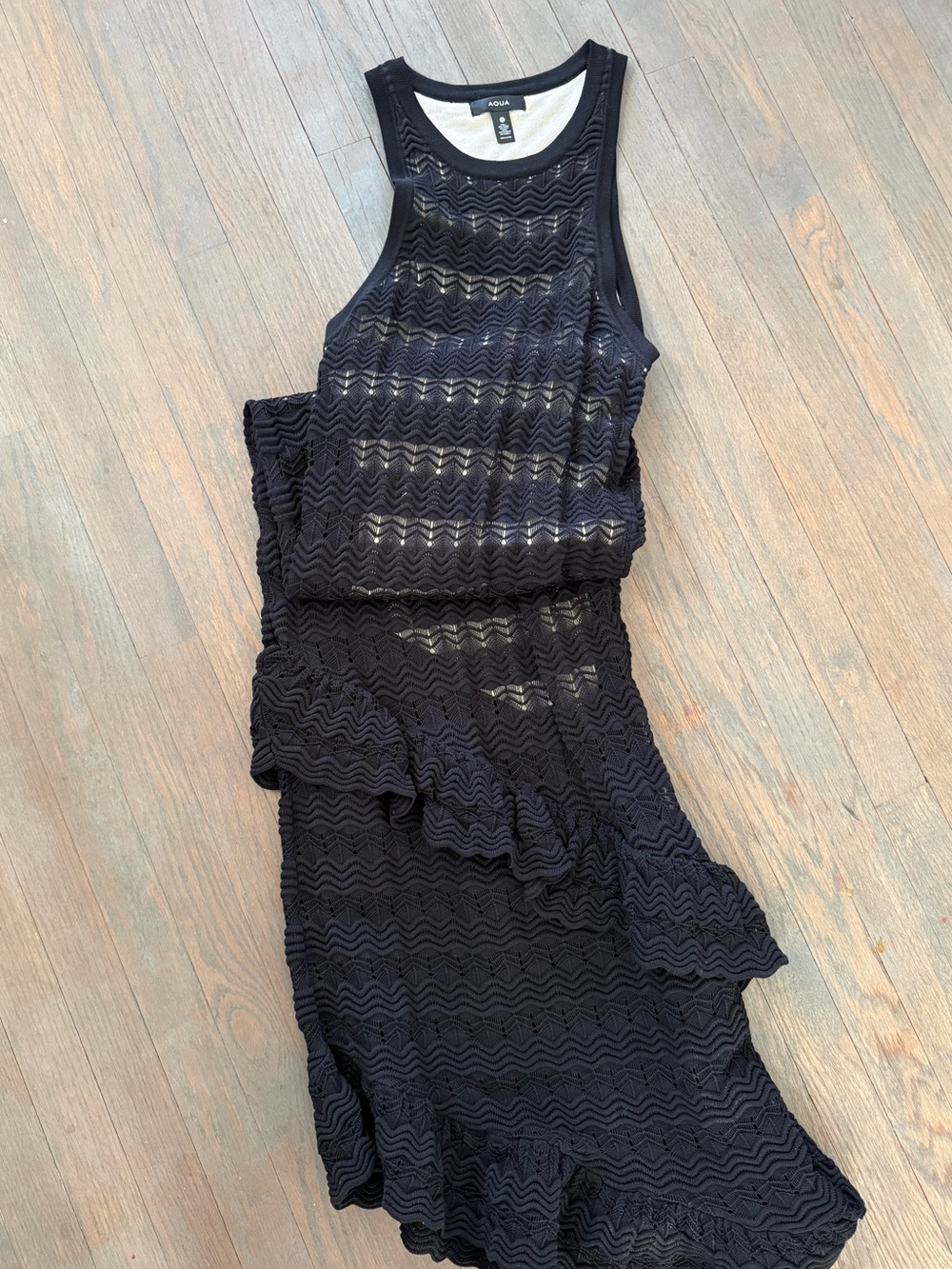 Aqua Black Crochet Ruffle Maxi Dress